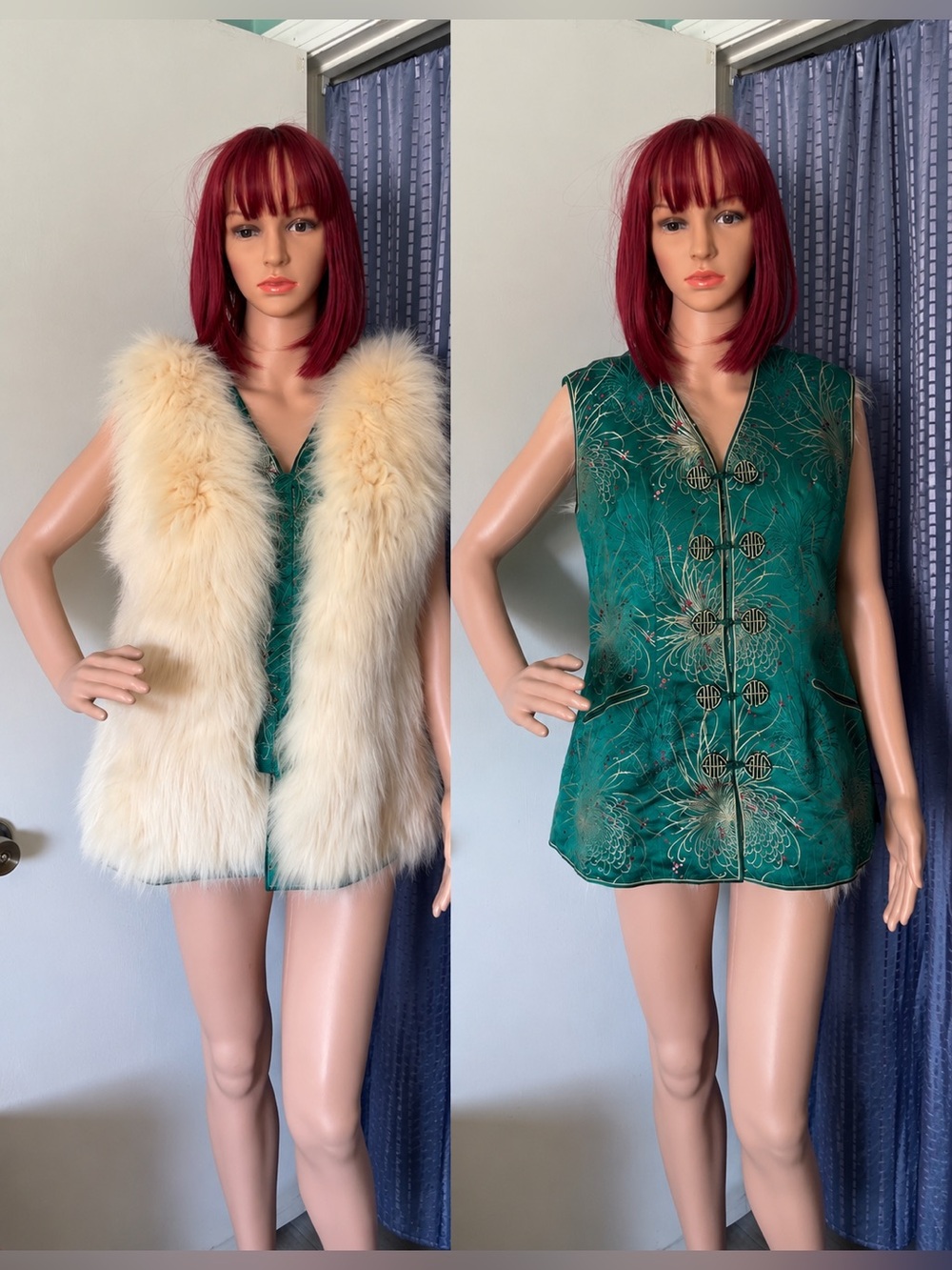 Vintage Reversible Fox Fur Silk Brocade Vest Chinese Frog Closures Green S-M